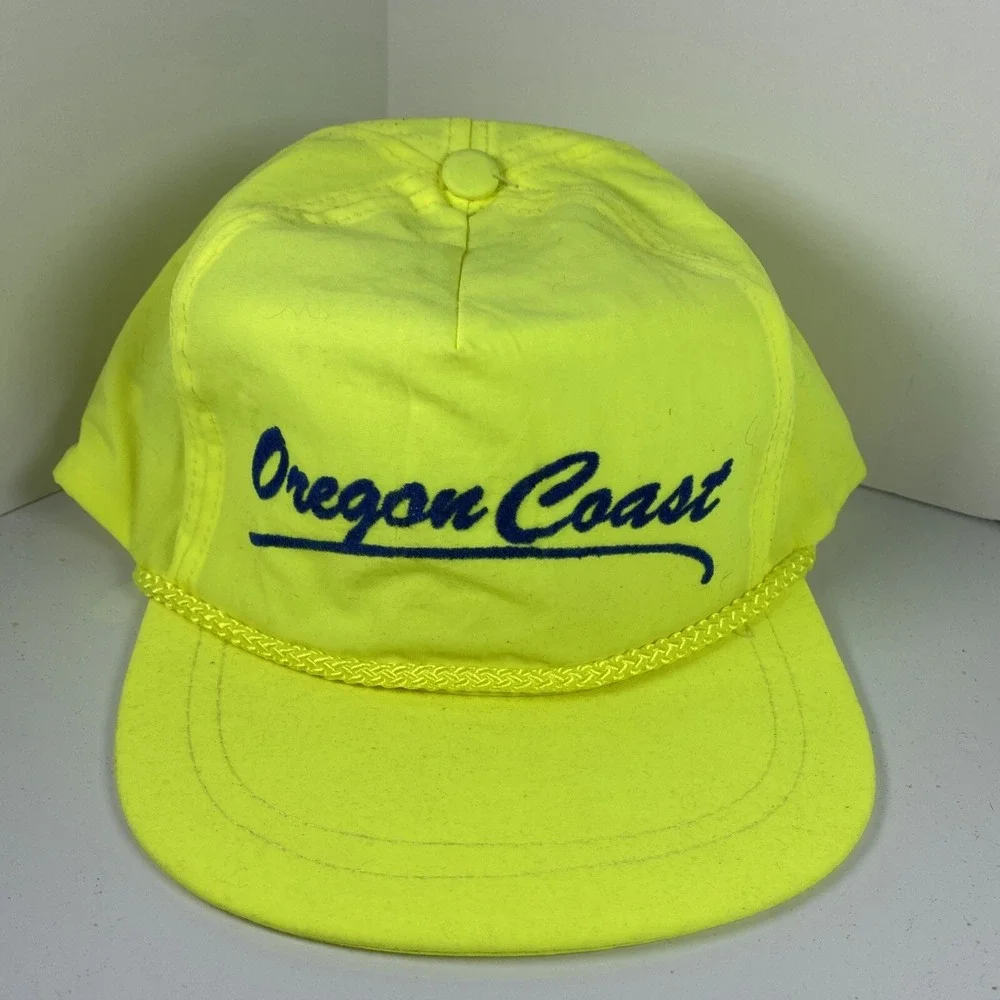 Vtg OREGON COAST Neon Nylon‎ Baseball Cap Snapback Rope Embroidery Spring Break